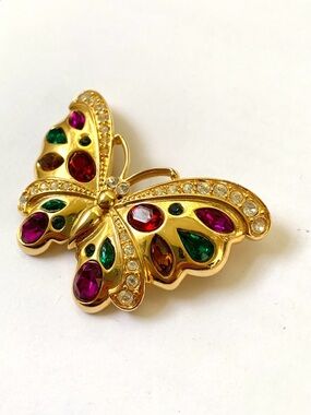 vintage golden butterfly large brooch pin with colorful faux gemstones